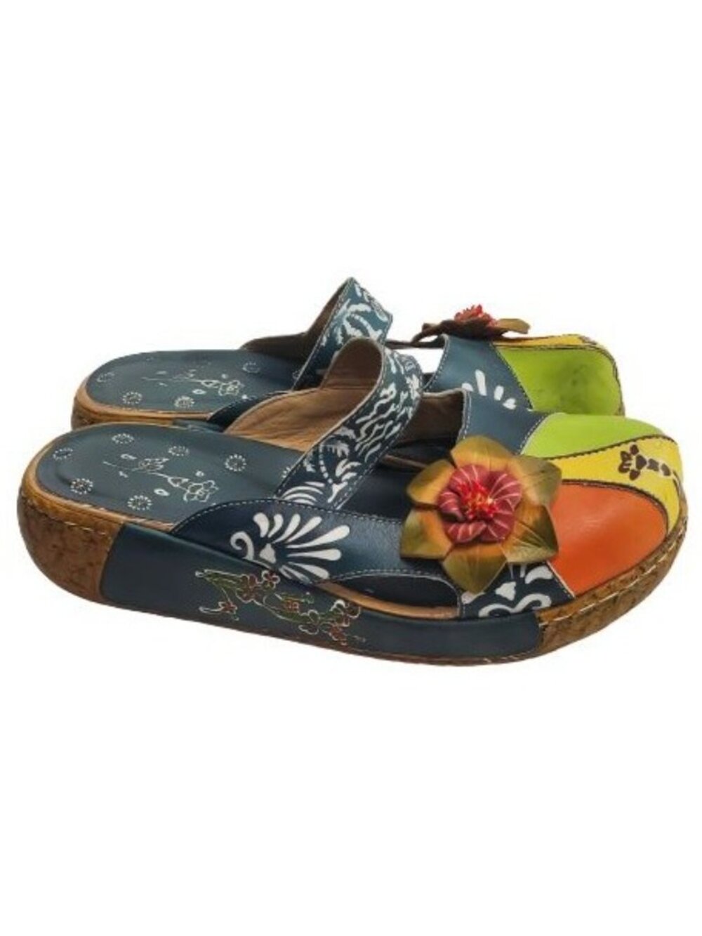 Women's Blue/Multi Flower Slip-On Leather Cut-Out Backless Platform Sandal Sz 41 - Picture 8 of 16